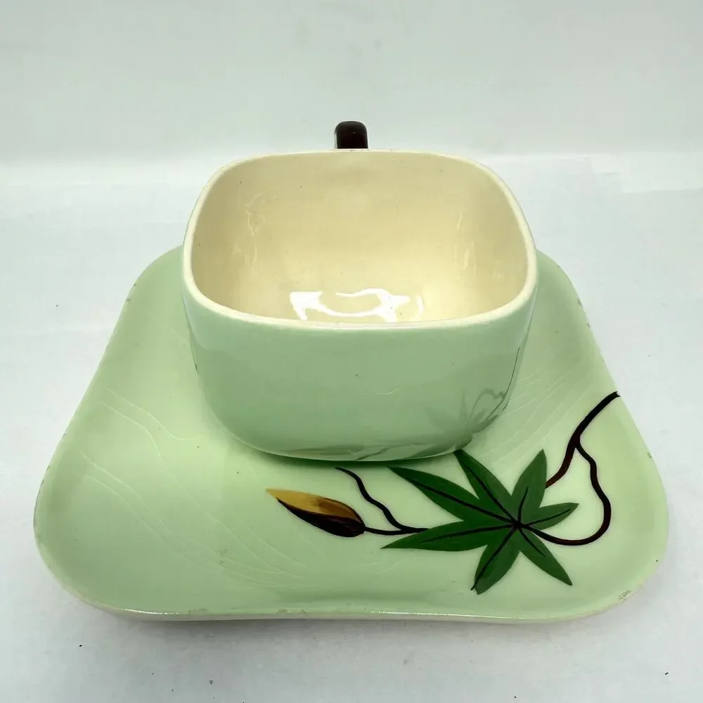 Weil Ware California Pottery Cup & Plate Set Hand Decorated Bamboo Lotus Vintage